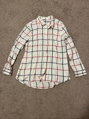 Women’s White Button-Down Plaid Shirt with Red and Navy Windowpane